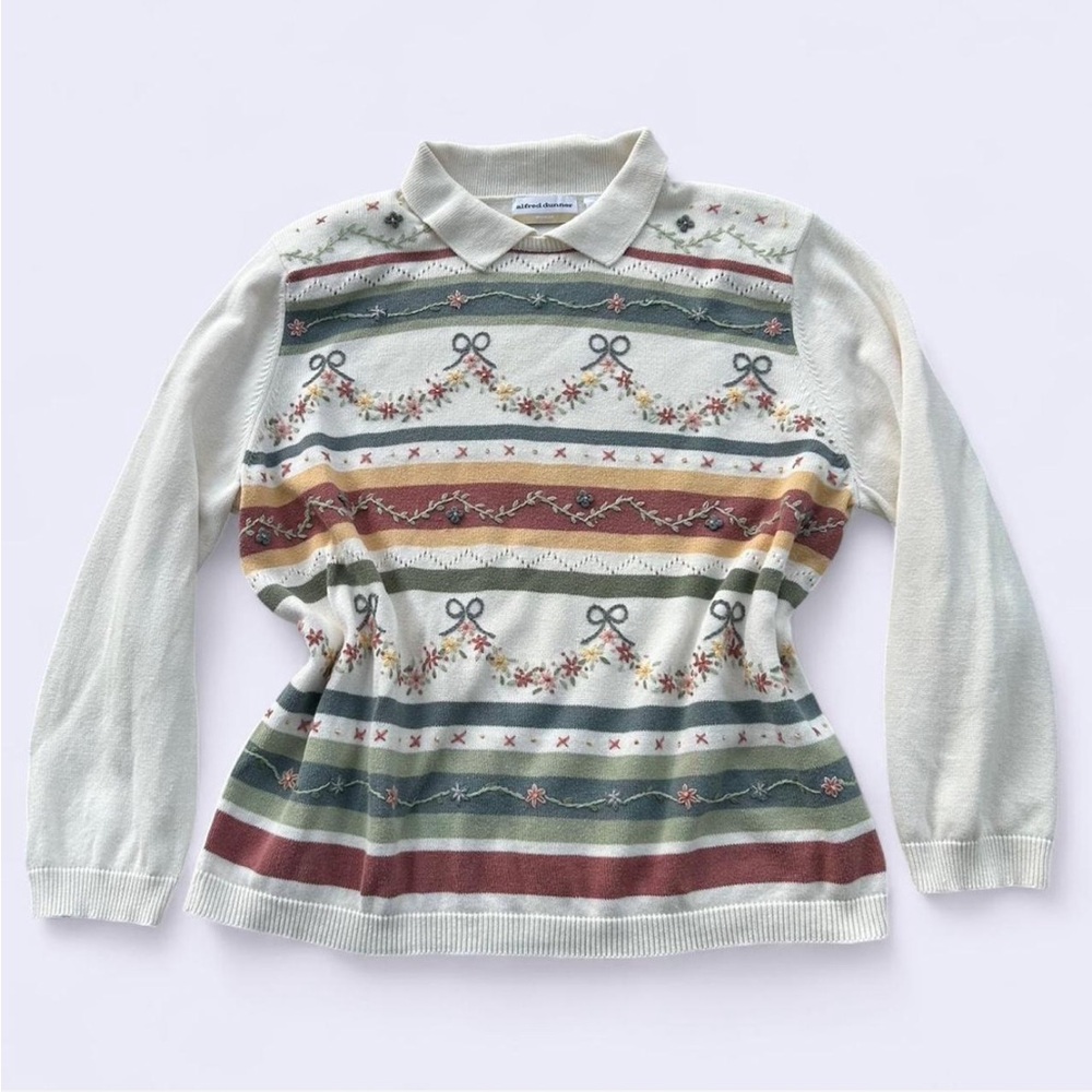 Alfred Dunner vintage 90s cream & multi-colored sweater w bow & floral details
